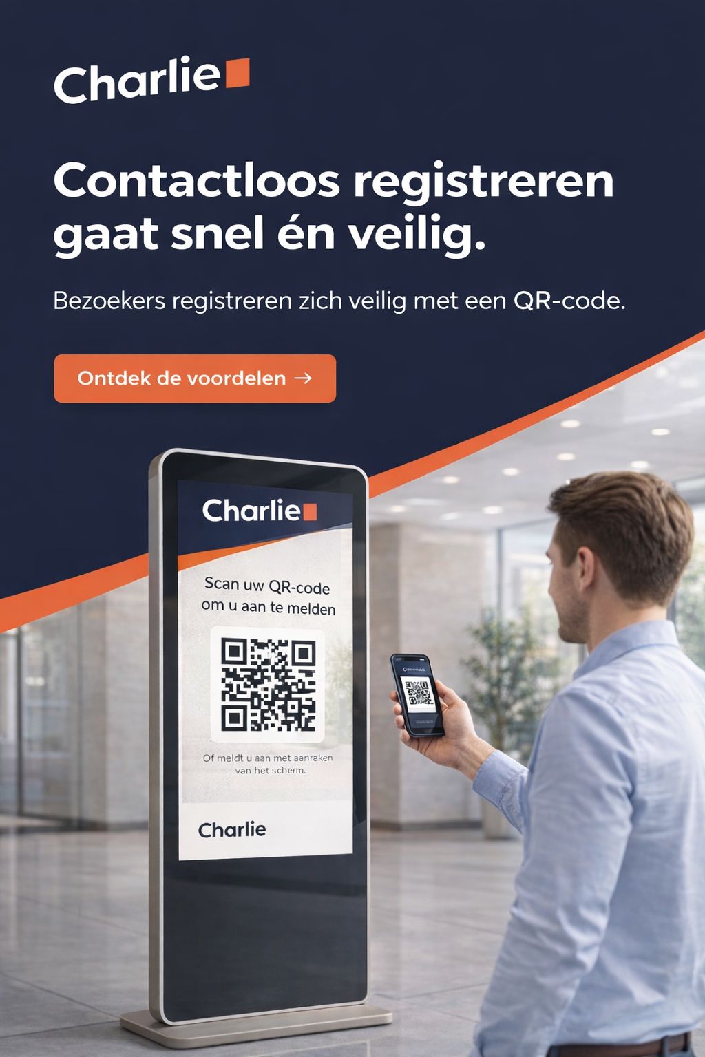 Visitor scanning a QR code on a digital reception kiosk screen