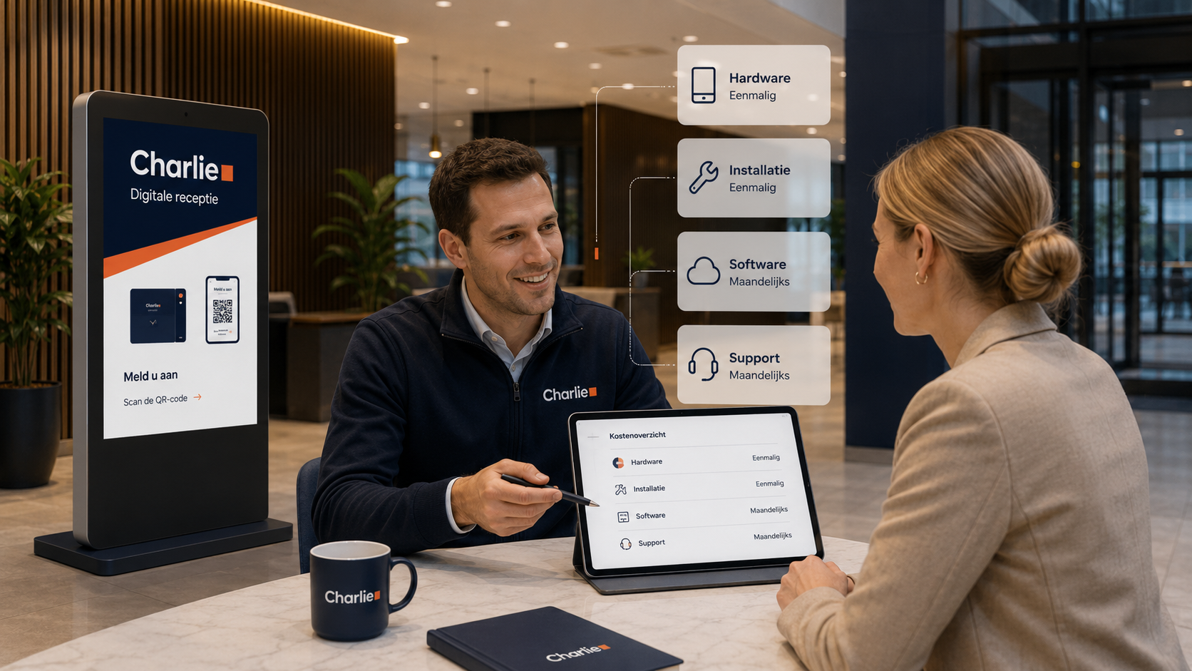 Charlie digitale receptie kiosk in een kantoorlobby